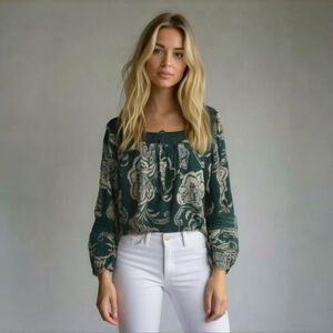 Angie Womens Boho Crochet Trim Long Balloon Sleeve Blouse Green Floral Small